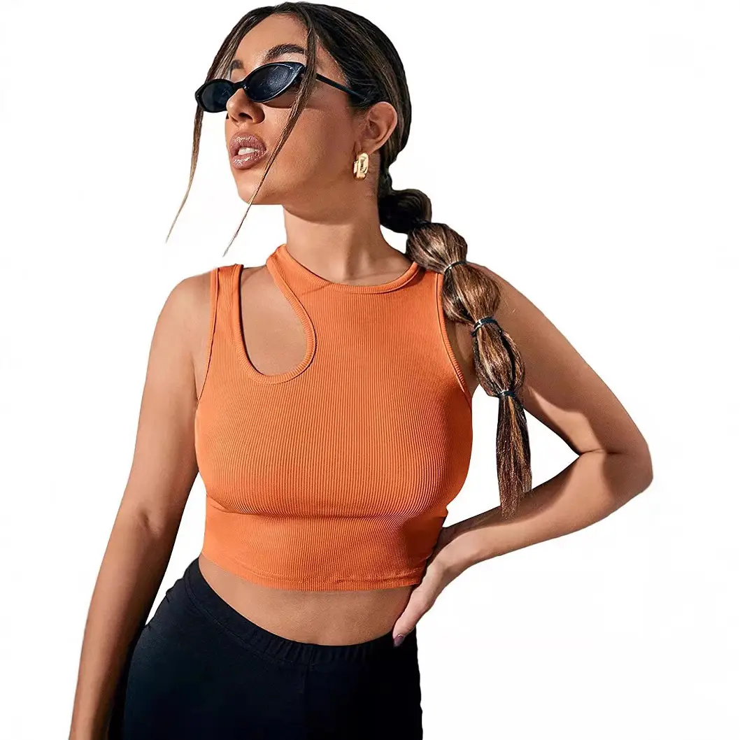 Women's Hollow Out Sleeveless Crop Top Black Ribbed - Image 6