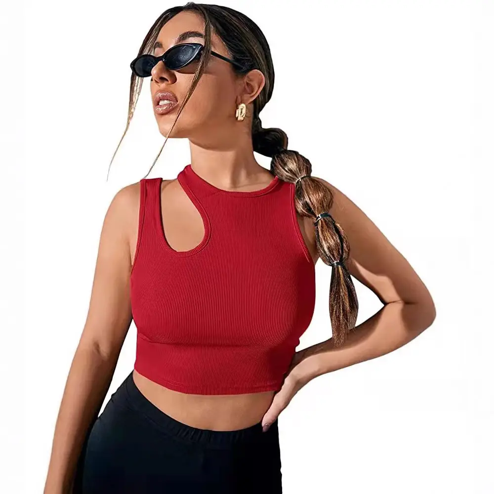 Women's Hollow Out Sleeveless Crop Top Black Ribbed - Image 8