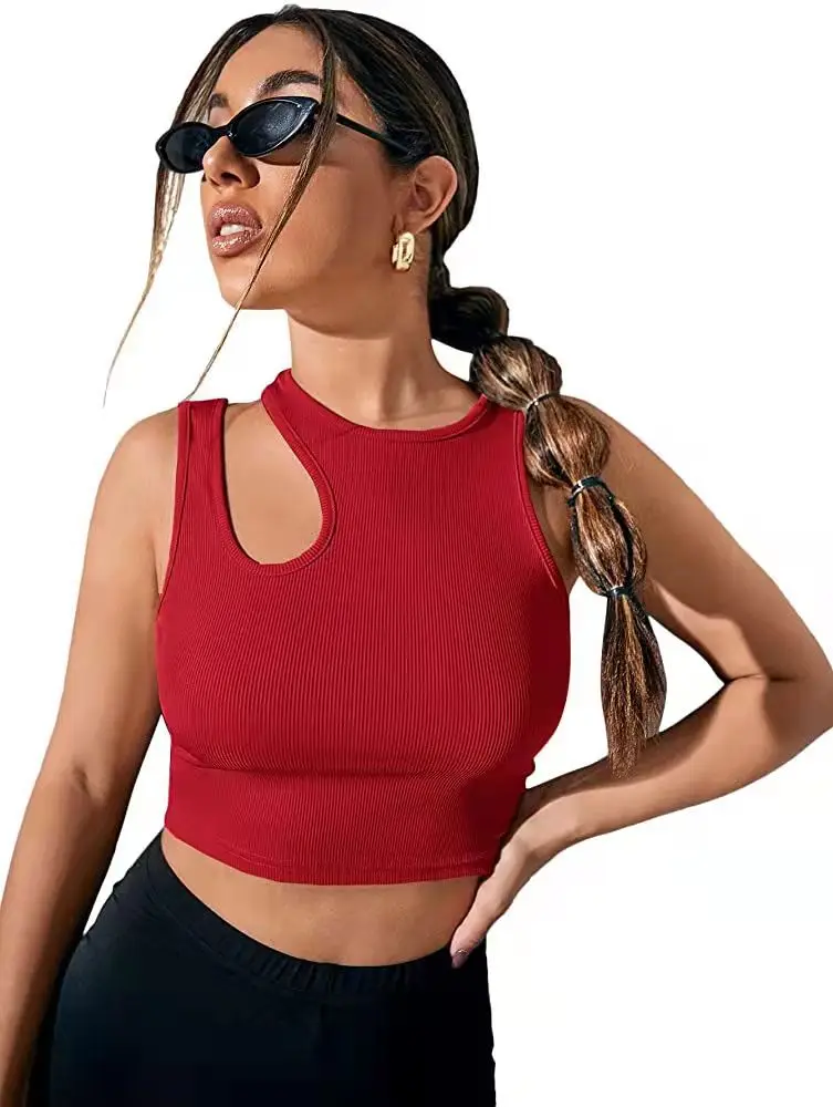 Women's Hollow Out Sleeveless Crop Top Black Ribbed - Image 4