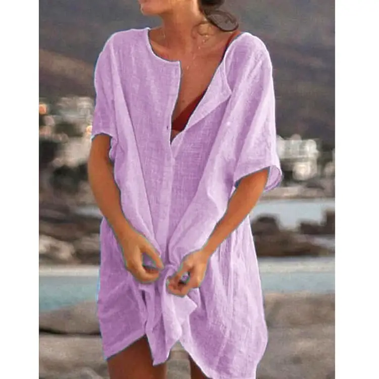 Women's Light Blue Cotton Tie-Back Shirt Mid Length - Image 3