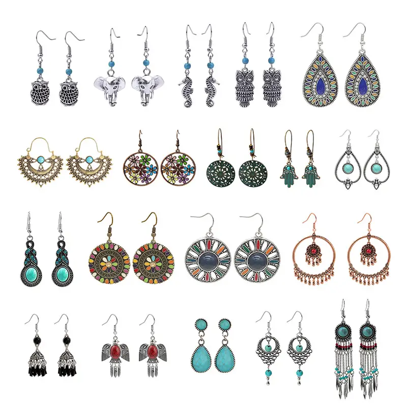 Retro Bohemian Earrings Turquoise Carved Owl Dream Catcher Feather Tassel Earrings Cross-Border Jewelry