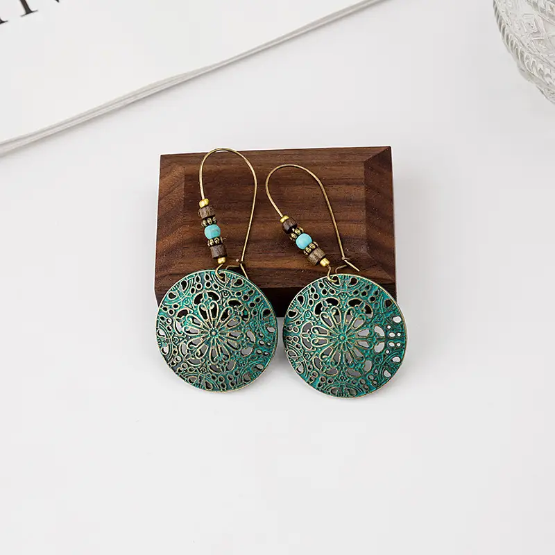 Retro Bohemian Earrings Turquoise Carved Owl Dream Catcher Feather Tassel Earrings Cross-Border Jewelry