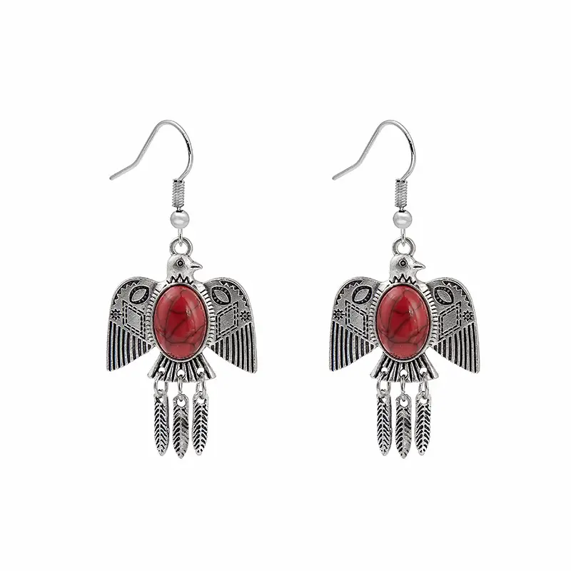 Retro Bohemian Earrings Turquoise Carved Owl Dream Catcher Feather Tassel Earrings Cross-Border Jewelry