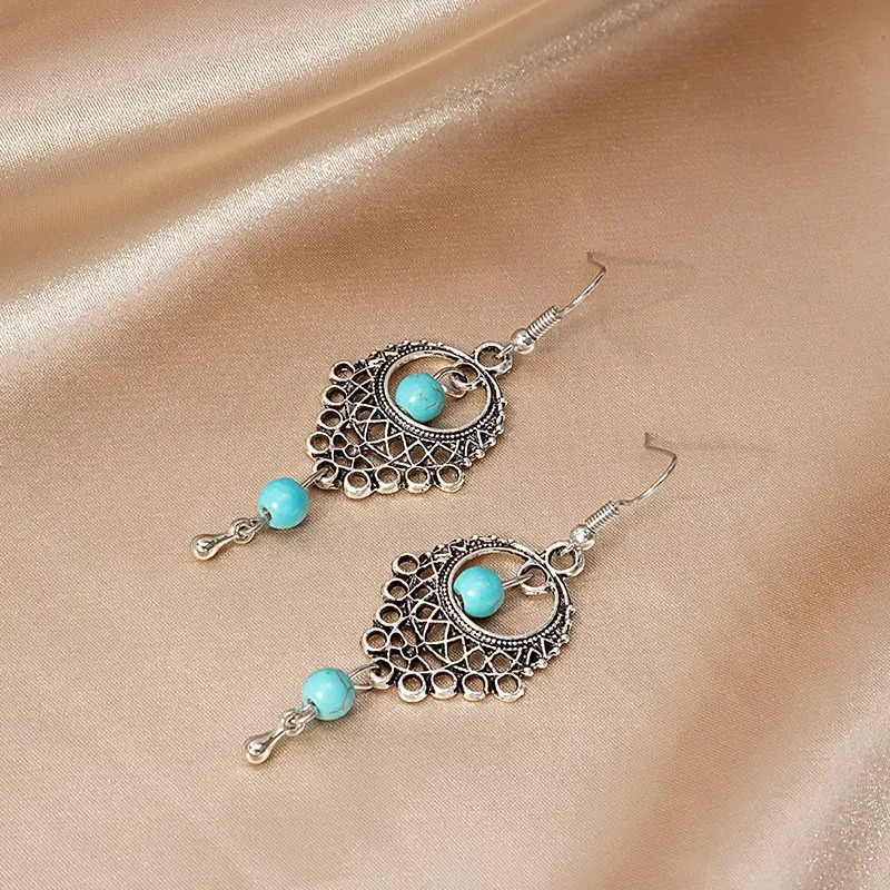 Retro Bohemian Earrings Turquoise Carved Owl Dream Catcher Feather Tassel Earrings Cross-Border Jewelry — feature 41
