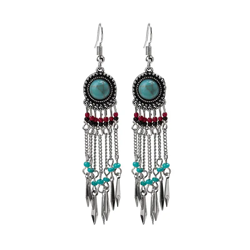 Retro Bohemian Earrings Turquoise Carved Owl Dream Catcher Feather Tassel Earrings Cross-Border Jewelry — feature 43