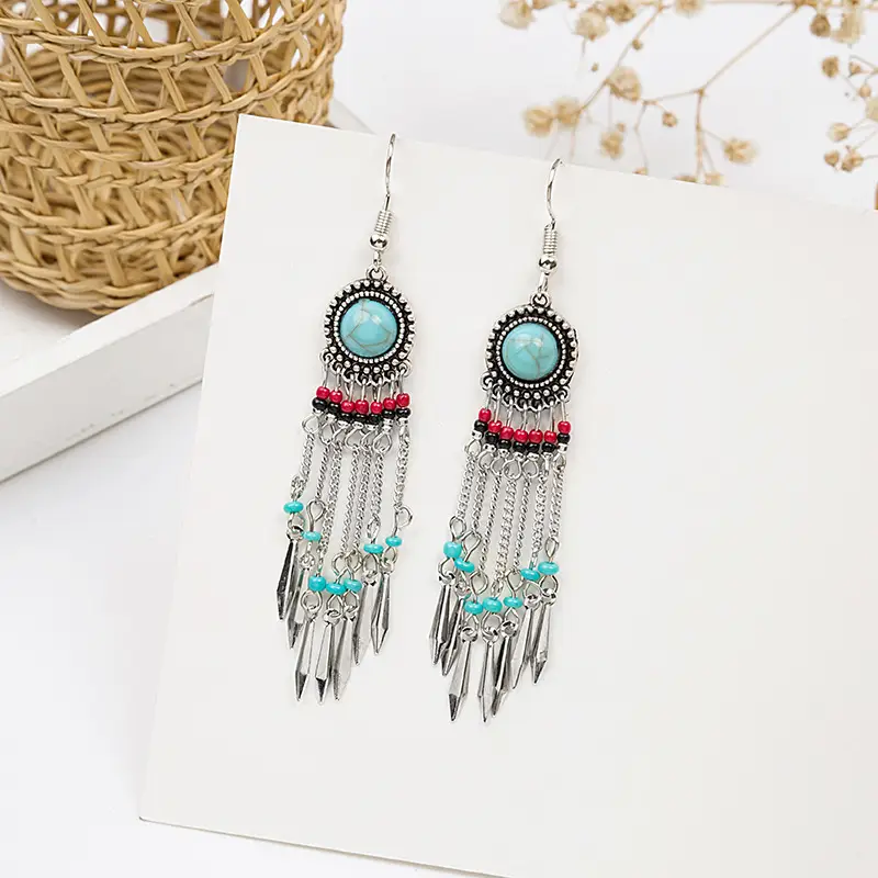 Retro Bohemian Earrings Turquoise Carved Owl Dream Catcher Feather Tassel Earrings Cross-Border Jewelry — feature 44