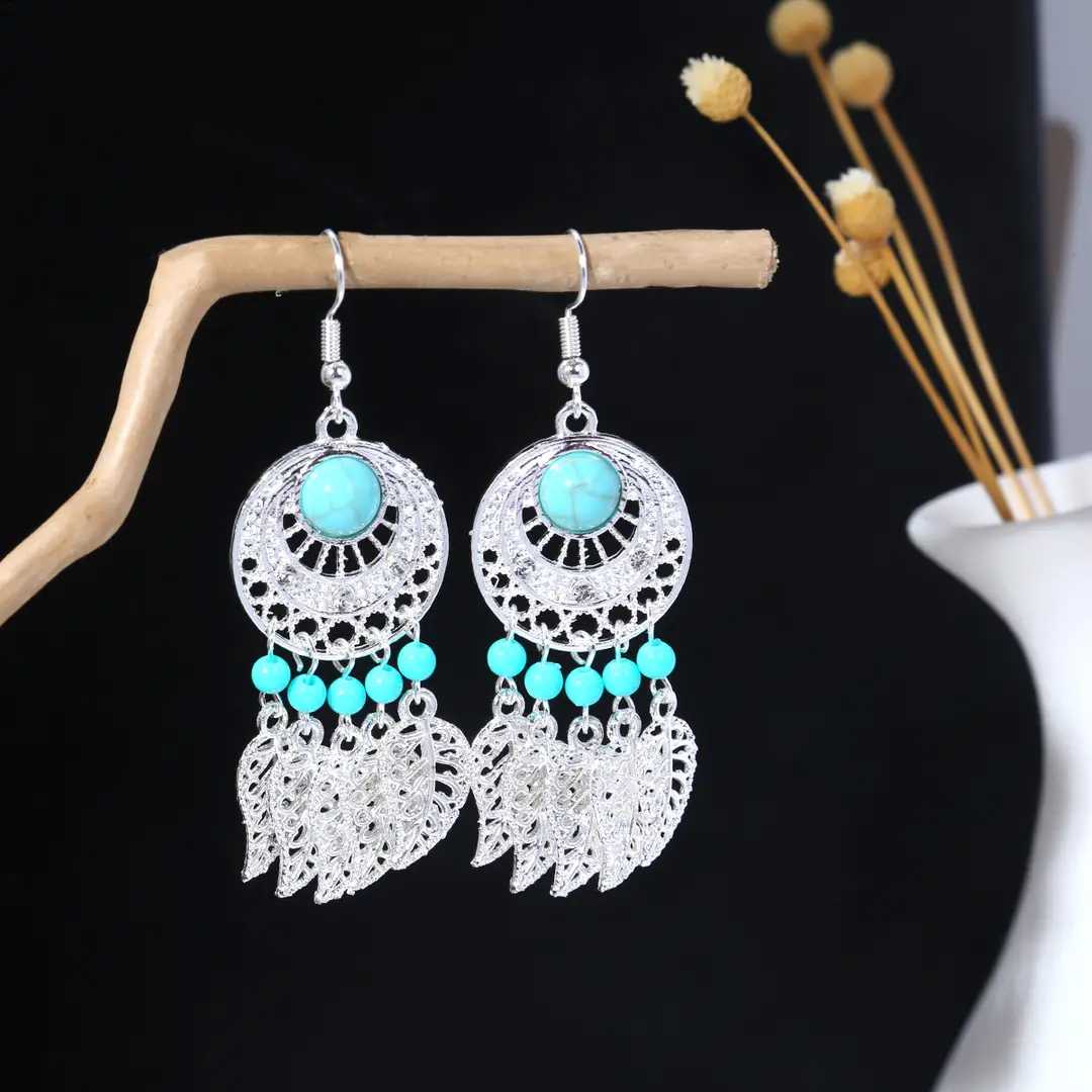 Retro Bohemian Earrings Turquoise Carved Owl Dream Catcher Feather Tassel Earrings Cross-Border Jewelry — feature 7