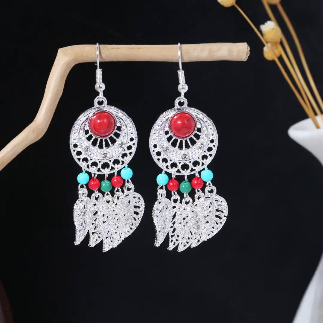 Retro Bohemian Earrings Turquoise Carved Owl Dream Catcher Feather Tassel Earrings Cross-Border Jewelry — feature 9