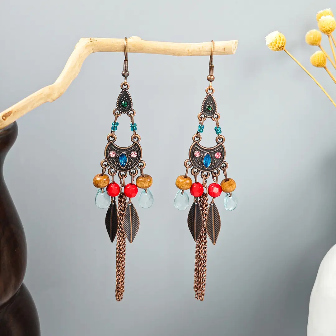 Retro Bohemian Earrings Turquoise Carved Owl Dream Catcher Feather Tassel Earrings Cross-Border Jewelry