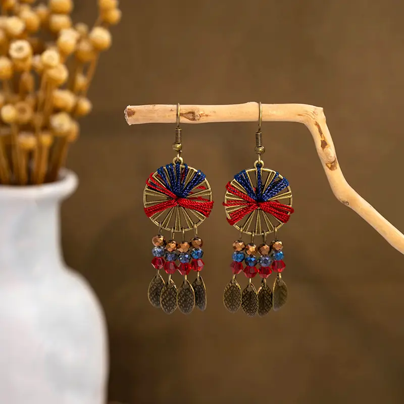 Retro Bohemian Earrings Turquoise Carved Owl Dream Catcher Feather Tassel Earrings Cross-Border Jewelry