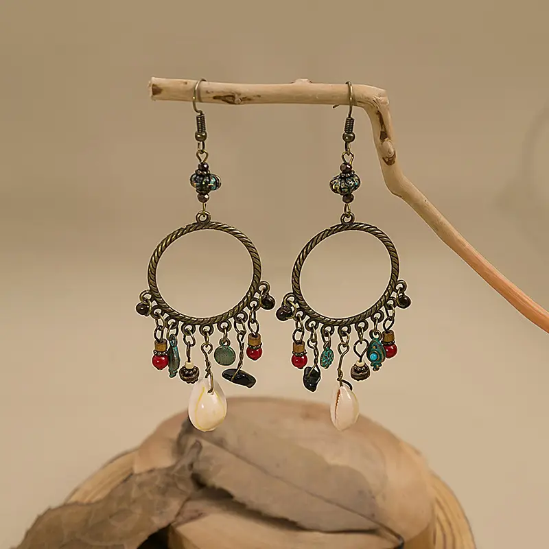 Retro Bohemian Earrings Turquoise Carved Owl Dream Catcher Feather Tassel Earrings Cross-Border Jewelry