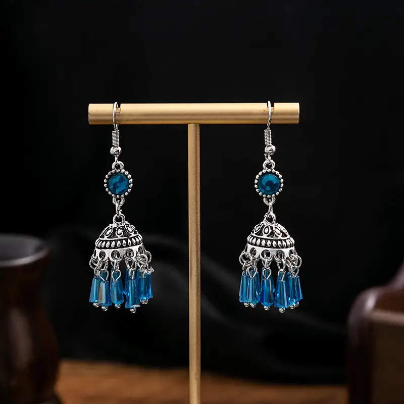 Retro Bohemian Earrings Turquoise Carved Owl Dream Catcher Feather Tassel Earrings Cross-Border Jewelry