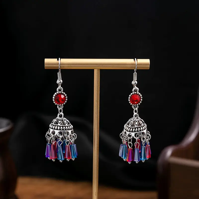 Retro Bohemian Earrings Turquoise Carved Owl Dream Catcher Feather Tassel Earrings Cross-Border Jewelry