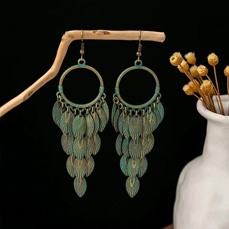 Retro Bohemian Earrings Turquoise Carved Owl Dream Catcher Feather Tassel Earrings Cross-Border Jewelry