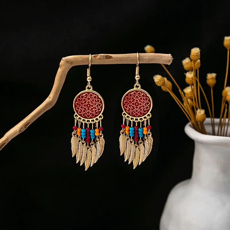 Retro Bohemian Earrings Turquoise Carved Owl Dream Catcher Feather Tassel Earrings Cross-Border Jewelry
