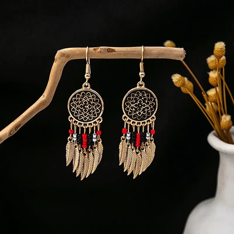 Retro Bohemian Earrings Turquoise Carved Owl Dream Catcher Feather Tassel Earrings Cross-Border Jewelry