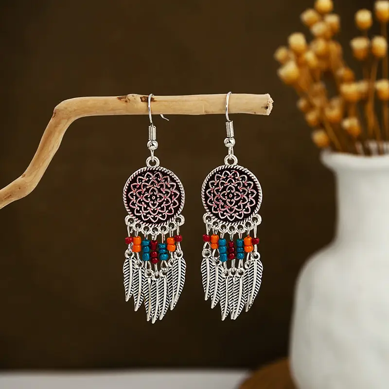 Retro Bohemian Earrings Turquoise Carved Owl Dream Catcher Feather Tassel Earrings Cross-Border Jewelry
