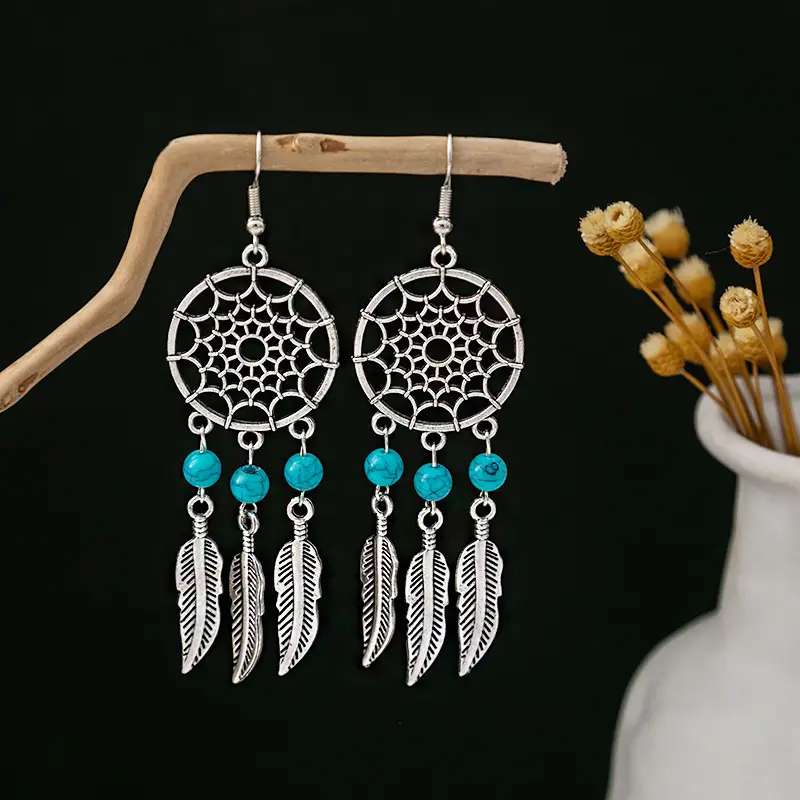 Retro Bohemian Earrings Turquoise Carved Owl Dream Catcher Feather Tassel Earrings Cross-Border Jewelry