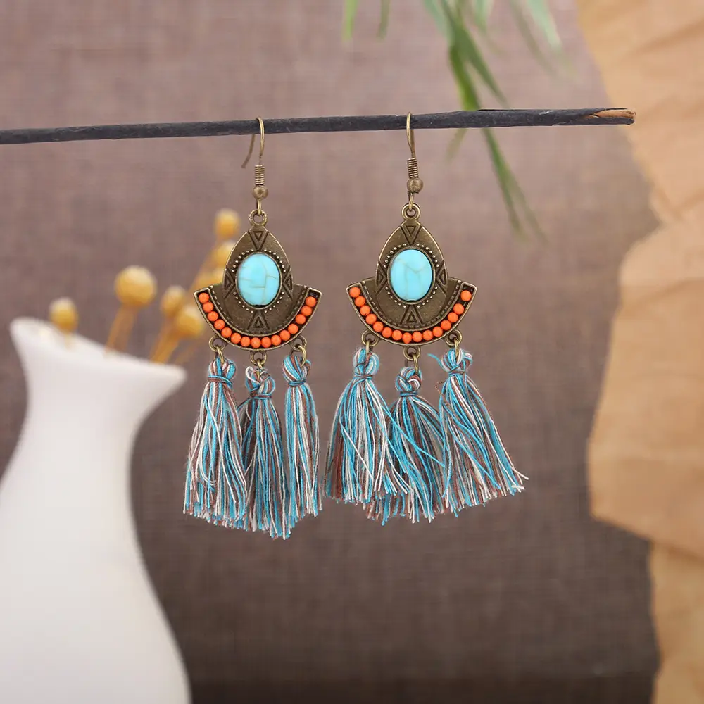 Retro Bohemian Earrings Turquoise Carved Owl Dream Catcher Feather Tassel Earrings Cross-Border Jewelry