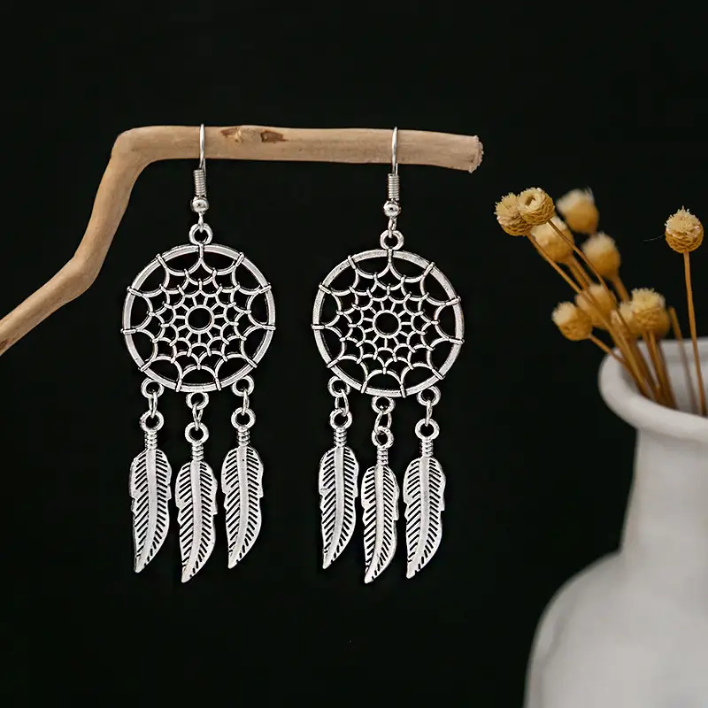 Retro Bohemian Earrings Turquoise Carved Owl Dream Catcher Feather Tassel Earrings Cross-Border Jewelry