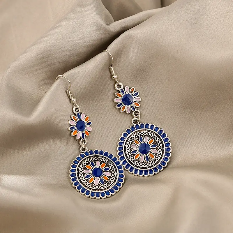 Retro Bohemian Earrings Turquoise Carved Owl Dream Catcher Feather Tassel Earrings Cross-Border Jewelry