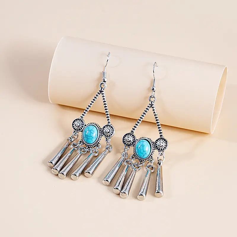 Retro Bohemian Earrings Turquoise Carved Owl Dream Catcher Feather Tassel Earrings Cross-Border Jewelry