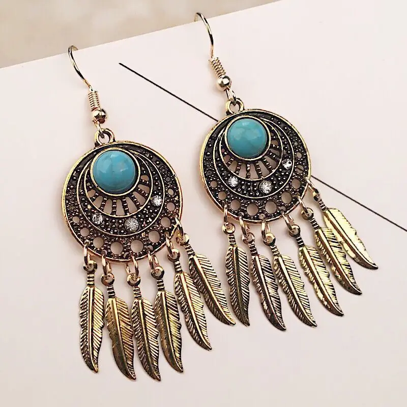 Retro Bohemian Earrings Turquoise Carved Owl Dream Catcher Feather Tassel Earrings Cross-Border Jewelry