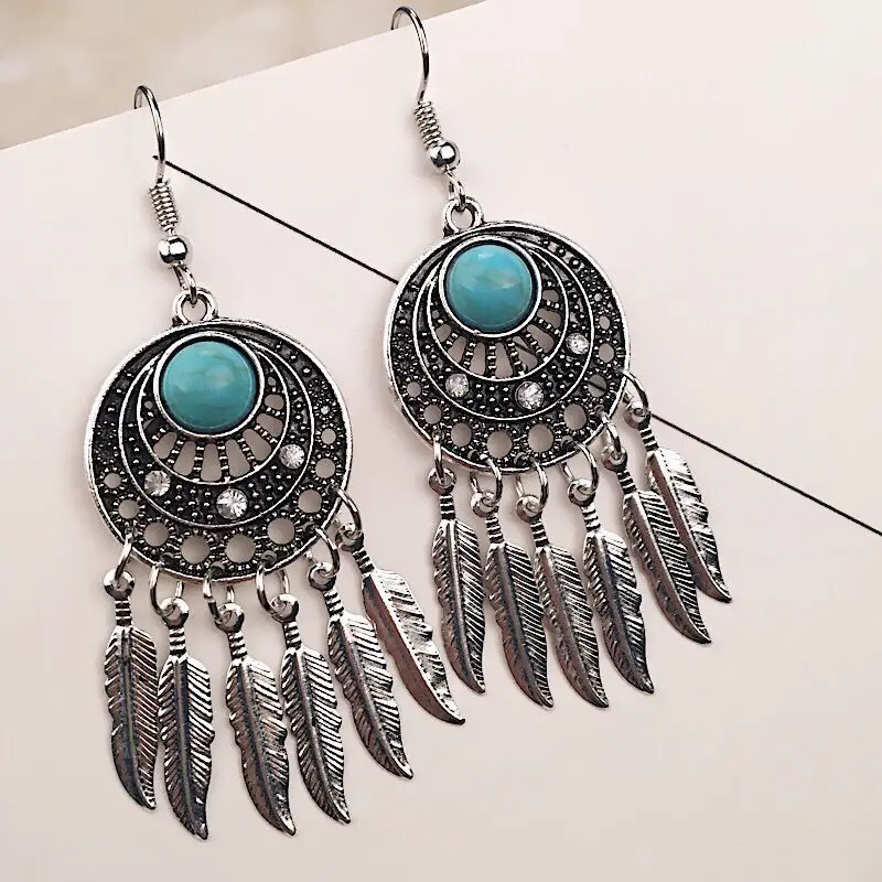 Retro Bohemian Earrings Turquoise Carved Owl Dream Catcher Feather Tassel Earrings Cross-Border Jewelry