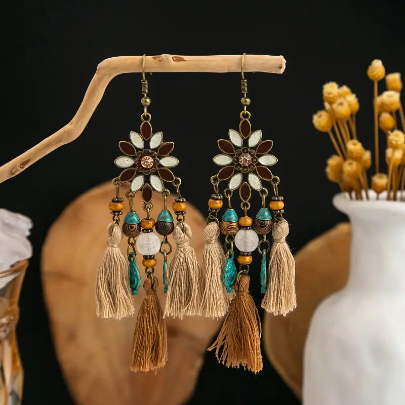 Retro Bohemian Earrings Turquoise Carved Owl Dream Catcher Feather Tassel Earrings Cross-Border Jewelry