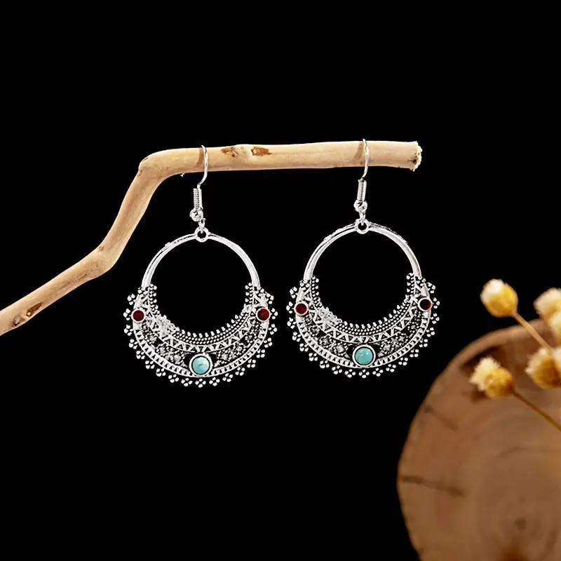 Retro Bohemian Earrings Turquoise Carved Owl Dream Catcher Feather Tassel Earrings Cross-Border Jewelry