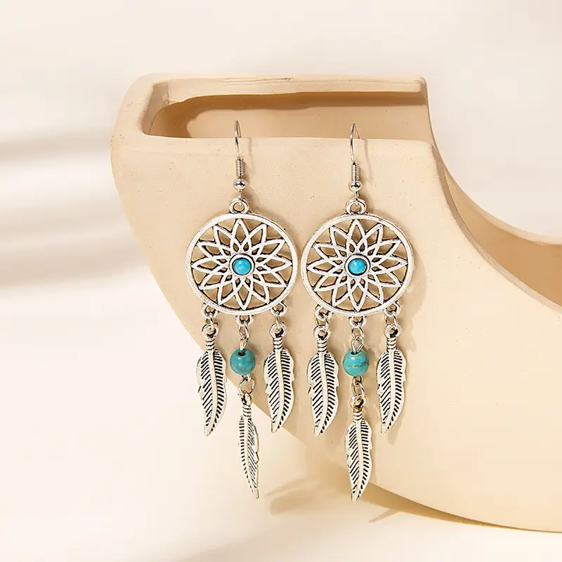 Retro Bohemian Earrings Turquoise Carved Owl Dream Catcher Feather Tassel Earrings Cross-Border Jewelry