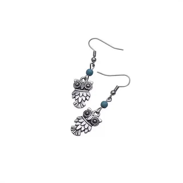 Retro Bohemian Earrings Turquoise Carved Owl Dream Catcher Feather Tassel Earrings Cross-Border Jewelry