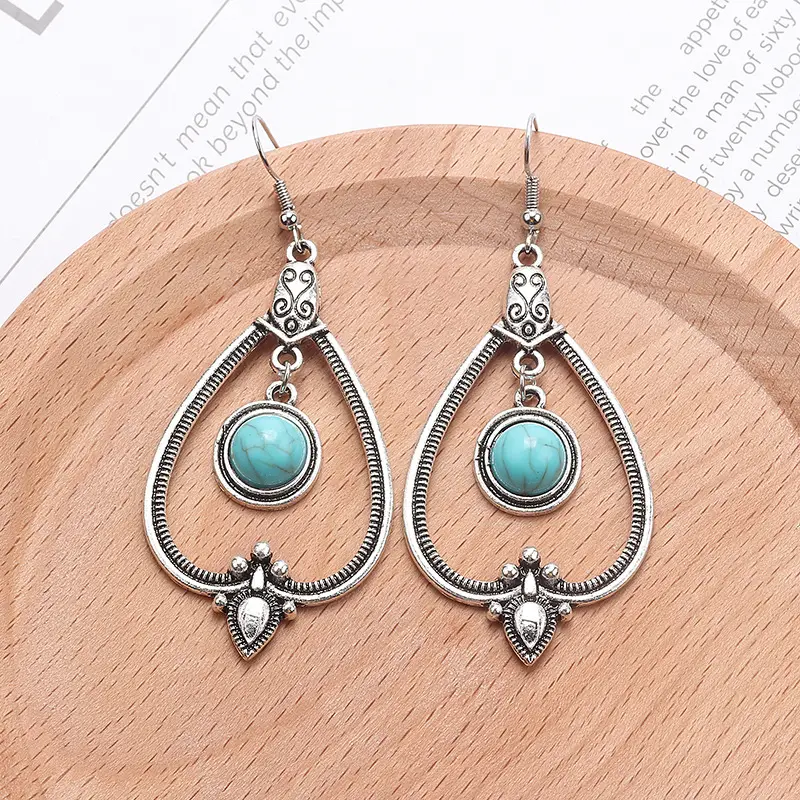 Retro Bohemian Earrings Turquoise Carved Owl Dream Catcher Feather Tassel Earrings Cross-Border Jewelry