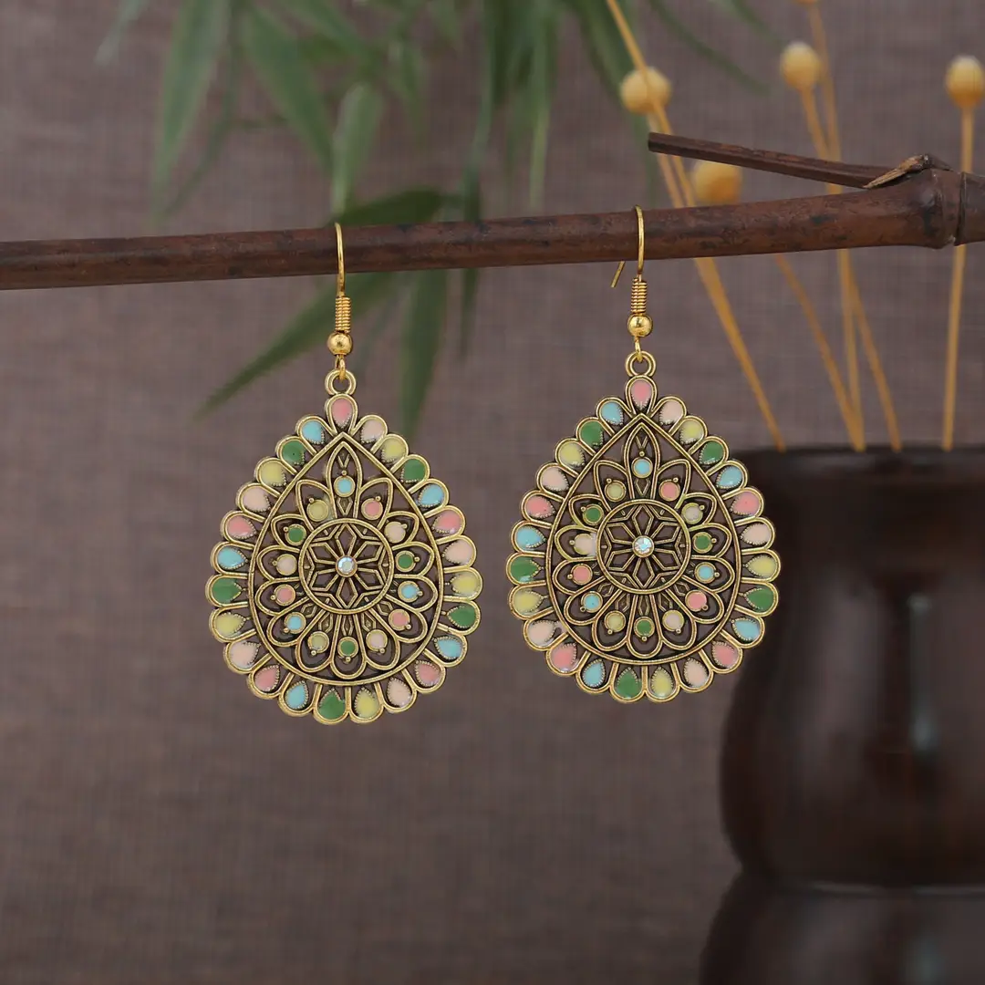 Retro Bohemian Earrings Turquoise Carved Owl Dream Catcher Feather Tassel Earrings Cross-Border Jewelry