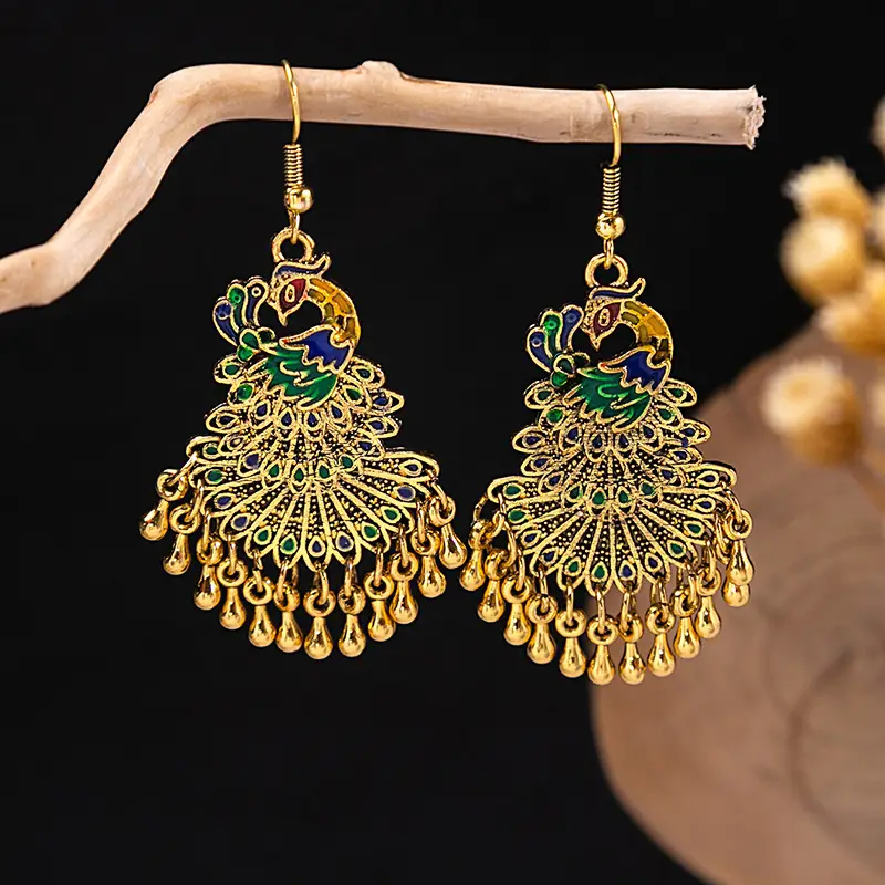Retro Bohemian Earrings Turquoise Carved Owl Dream Catcher Feather Tassel Earrings Cross-Border Jewelry