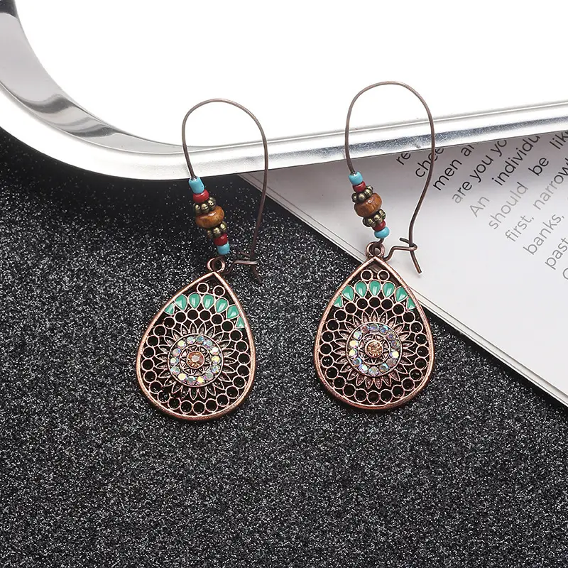 Retro Bohemian Earrings Turquoise Carved Owl Dream Catcher Feather Tassel Earrings Cross-Border Jewelry
