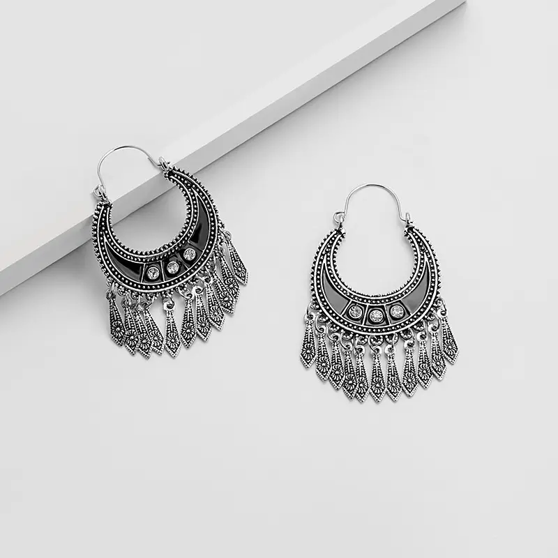 Retro Bohemian Earrings Turquoise Carved Owl Dream Catcher Feather Tassel Earrings Cross-Border Jewelry