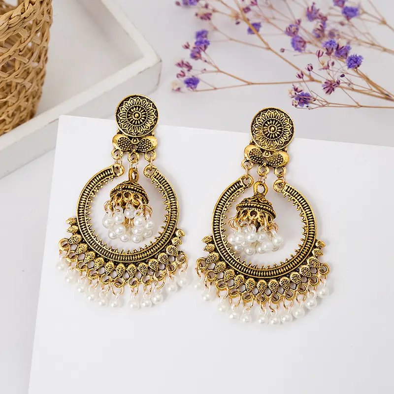 Retro Bohemian Earrings Turquoise Carved Owl Dream Catcher Feather Tassel Earrings Cross-Border Jewelry