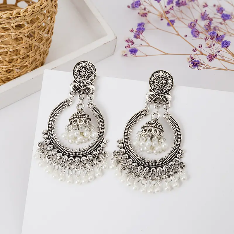 Retro Bohemian Earrings Turquoise Carved Owl Dream Catcher Feather Tassel Earrings Cross-Border Jewelry