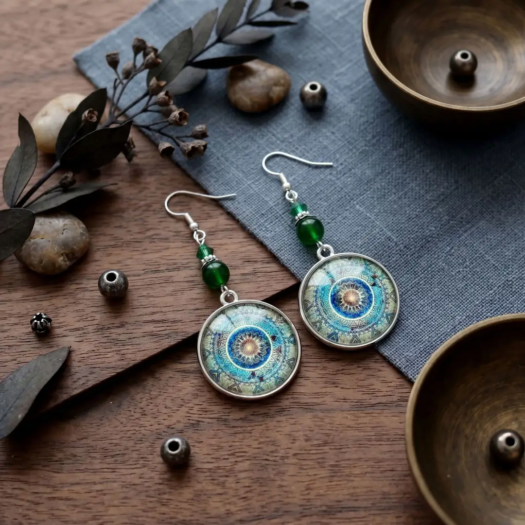 Retro Bohemian Earrings Turquoise Carved Owl Dream Catcher Feather Tassel Earrings Cross-Border Jewelry