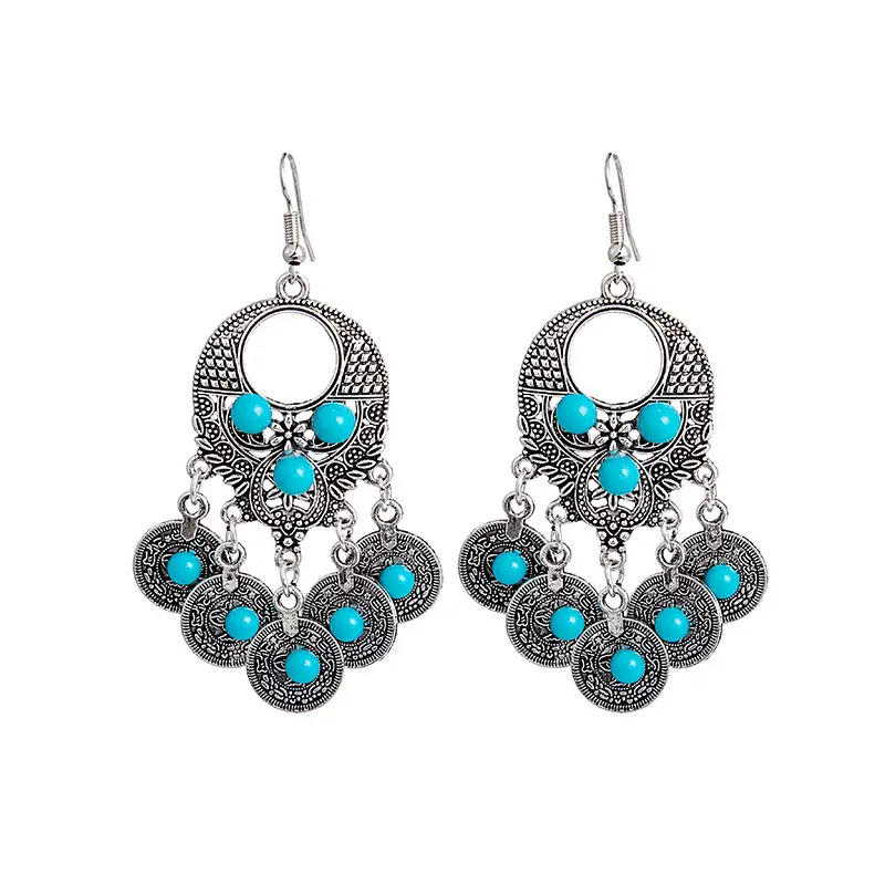 Retro Bohemian Earrings Turquoise Carved Owl Dream Catcher Feather Tassel Earrings Cross-Border Jewelry