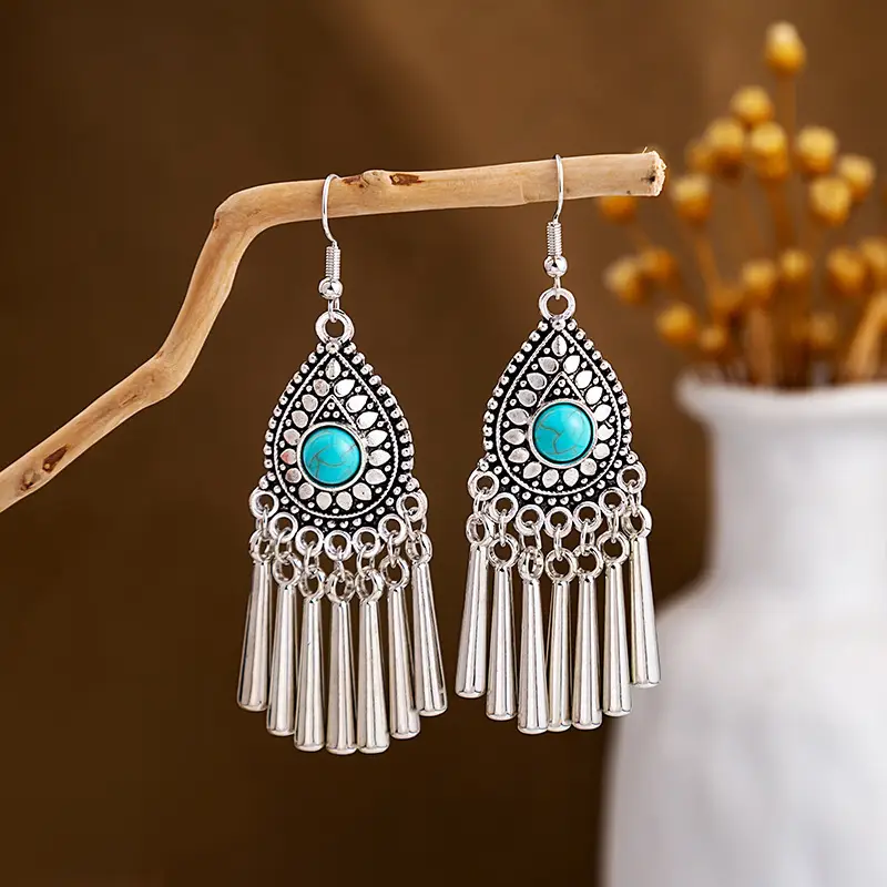 Retro Bohemian Earrings Turquoise Carved Owl Dream Catcher Feather Tassel Earrings Cross-Border Jewelry