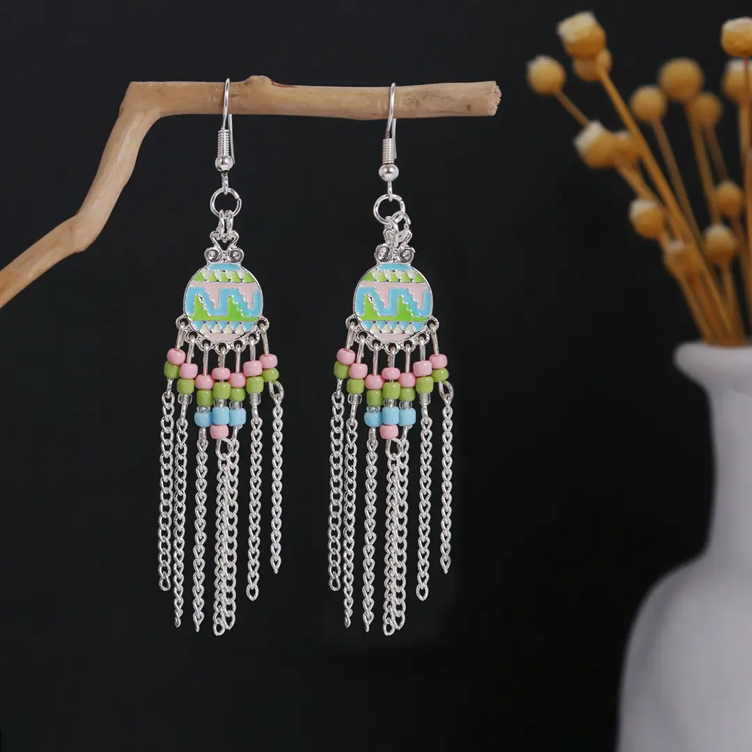 Retro Bohemian Earrings Turquoise Carved Owl Dream Catcher Feather Tassel Earrings Cross-Border Jewelry