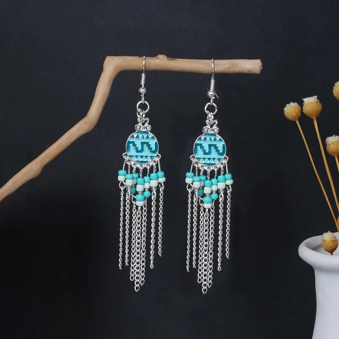 Retro Bohemian Earrings Turquoise Carved Owl Dream Catcher Feather Tassel Earrings Cross-Border Jewelry