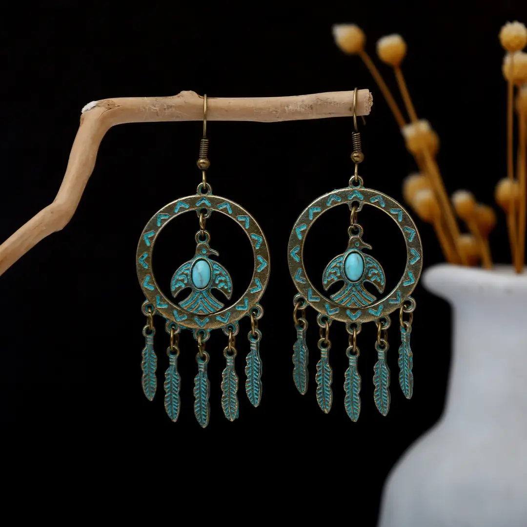 Retro Bohemian Earrings Turquoise Carved Owl Dream Catcher Feather Tassel Earrings Cross-Border Jewelry