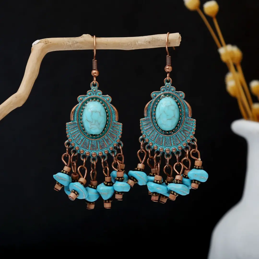 Retro Bohemian Earrings Turquoise Carved Owl Dream Catcher Feather Tassel Earrings Cross-Border Jewelry