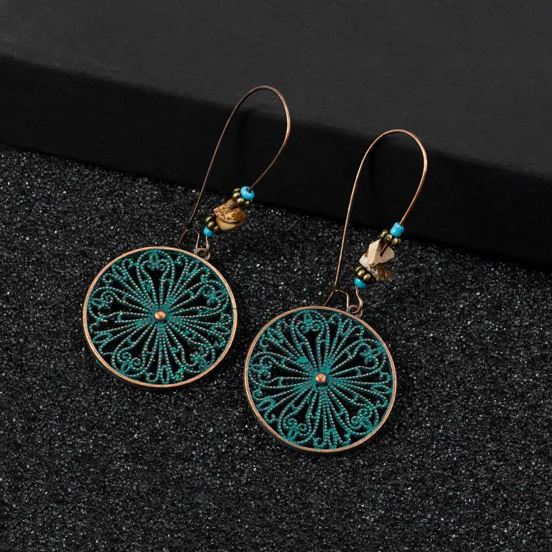 Retro Bohemian Earrings Turquoise Carved Owl Dream Catcher Feather Tassel Earrings Cross-Border Jewelry