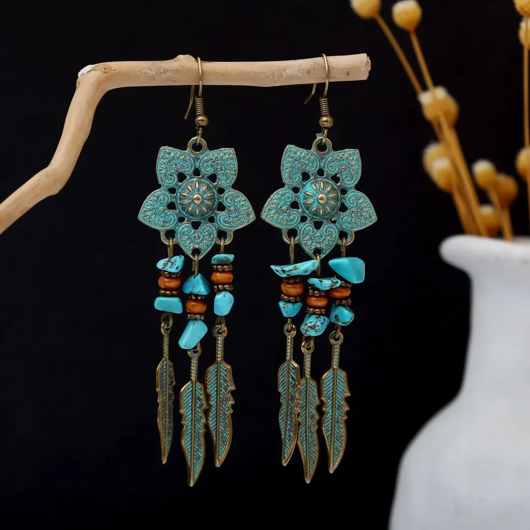 Retro Bohemian Earrings Turquoise Carved Owl Dream Catcher Feather Tassel Earrings Cross-Border Jewelry