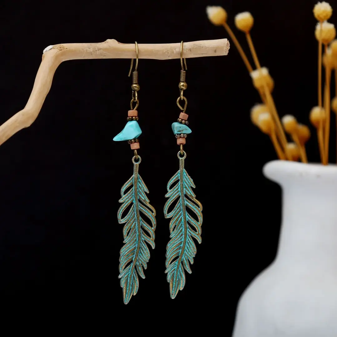 Retro Bohemian Earrings Turquoise Carved Owl Dream Catcher Feather Tassel Earrings Cross-Border Jewelry