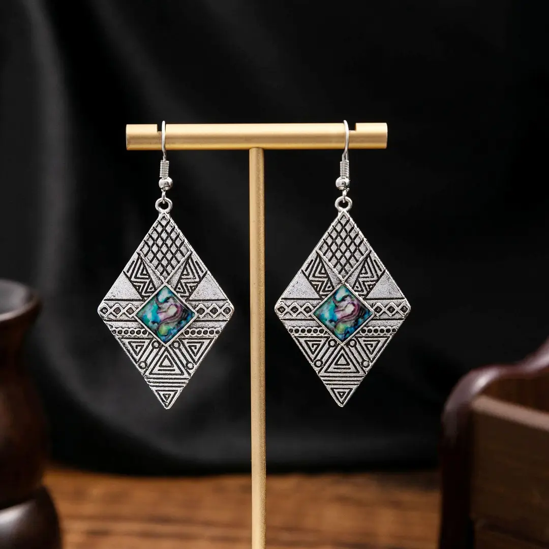 Retro Bohemian Earrings Turquoise Carved Owl Dream Catcher Feather Tassel Earrings Cross-Border Jewelry